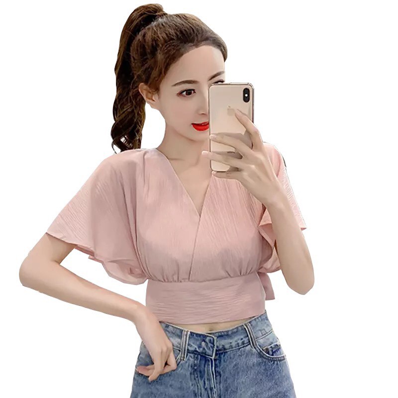 Áo Kiểu Voan Form Croptop Kết Hợp Tay Cánh Tiên Kèm Thắc Nơ Sau Lưng Mẫu Mơi Siu Hot Ttv0030