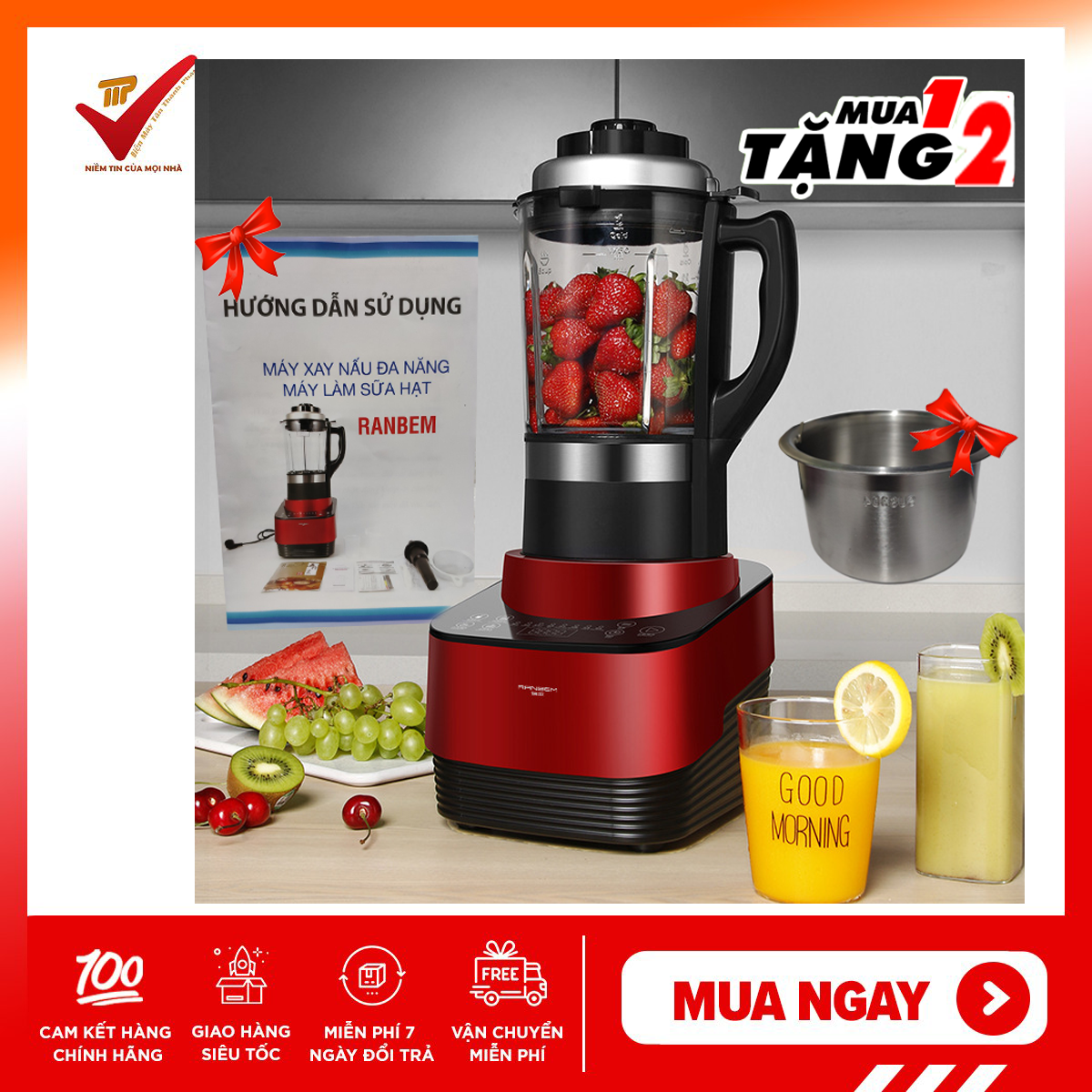 [Voucher 7% Max 800K] [TẶNG SÁCH HƯỚNG DẪN TIẾNG VIỆT+XỬNG HẤP INOX] Máy làm sữa hạt Ranbem 735H (Màu ngẫu nhiên) (+ tặng 101 công thức làm sữa hạt)