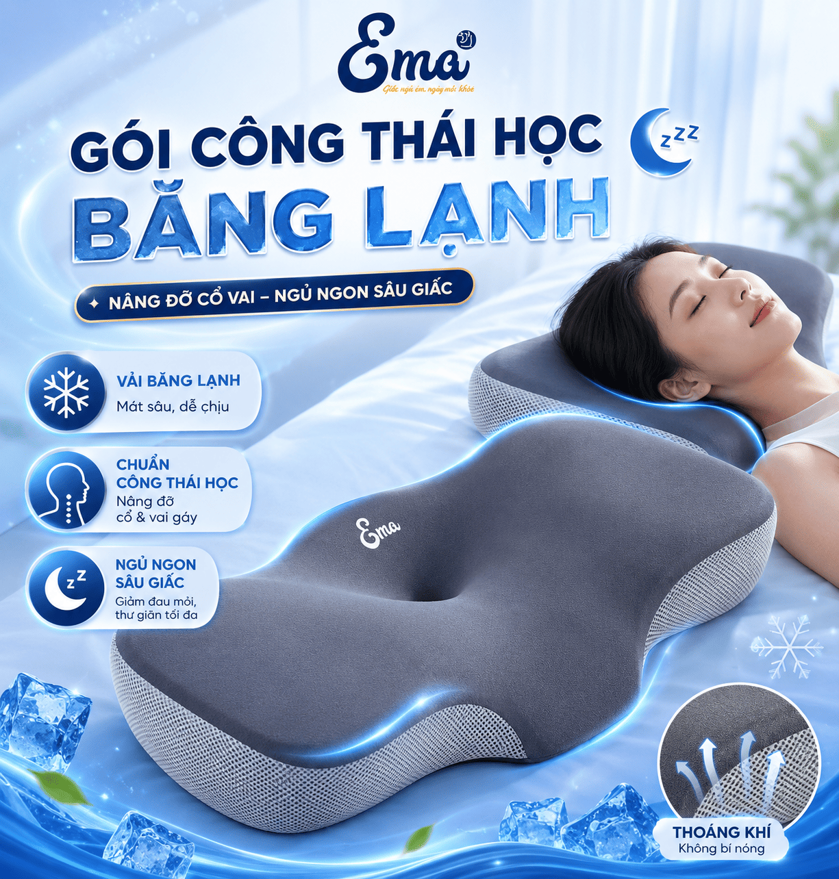 Gối công thái học EMA - Thiết kế cho mọi tư thế ngủ, chống đau vai gáy, hỗ trợ ngủ nhanh