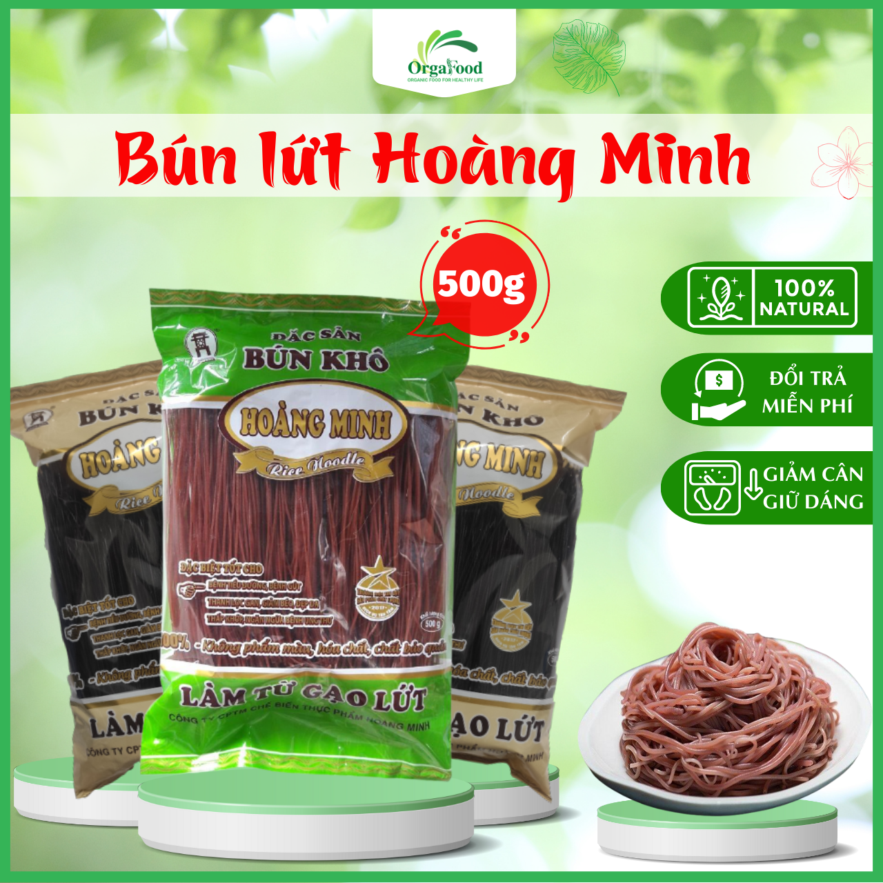 Bún gạo lứt đỏ đen Hoàng Minh, bún gạo lức Orgafood EAT CLEAN thức ăn healthy giảm cân cho người ăn kiêng