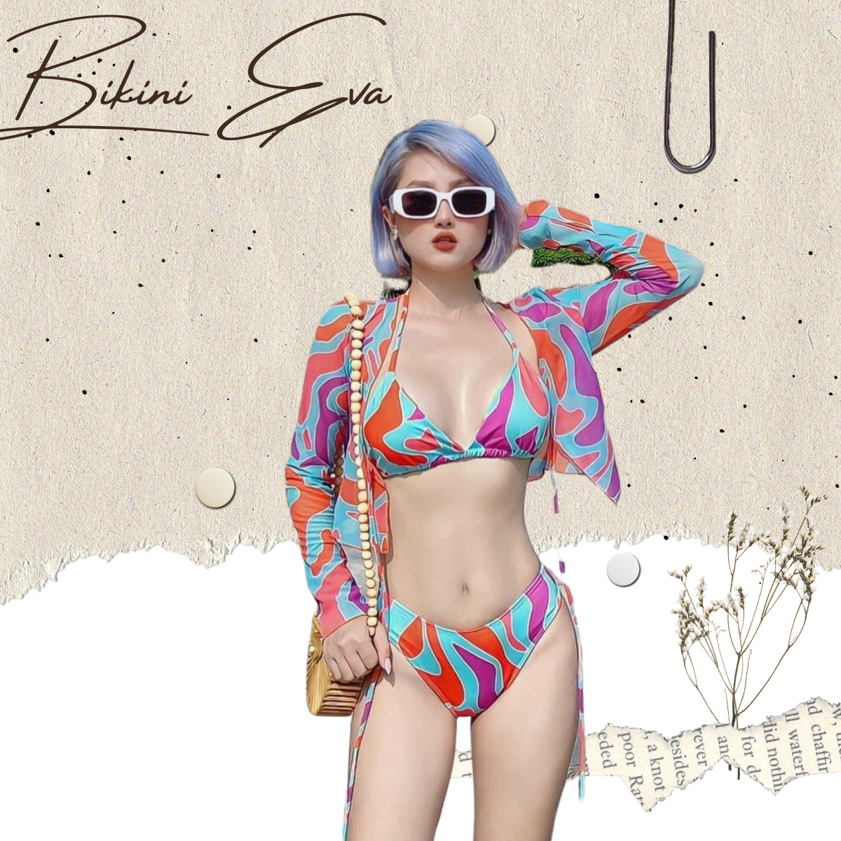 Bikini bộ bơi đồ bơi nữ set 3 món khoác lưới áo tim giác kèm quần kiểu dáng basic EVA S3MTGKL