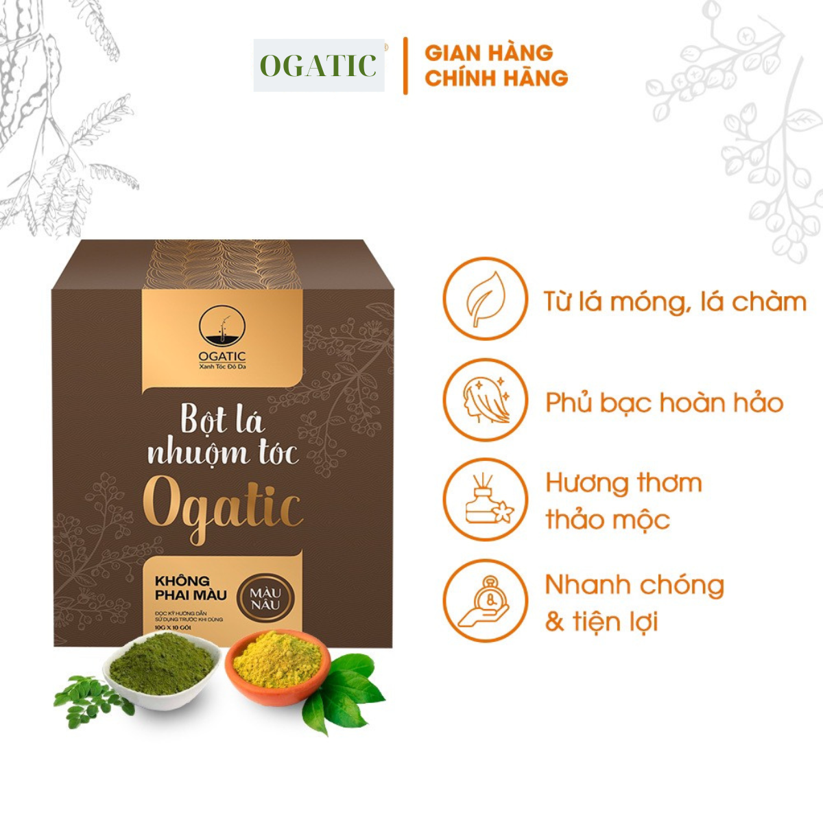 Bột lá nhuộm tóc ogatic màu nâu 100g, nhuộm tóc phủ bạc, hương thơm thảo mộc tự nhiên