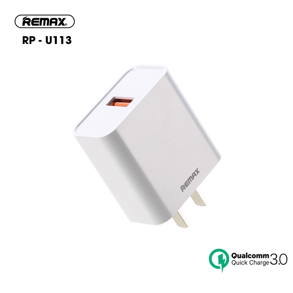 Củ sạc nhanh thương hiệu REMAX RP U113 Công nghệ Sạc Nhanh Qualcomm QC 3.0 tự động điều chình dòng sạc đối với iPhone X , Xs max, Samsung Galaxy S8, S9,S10, Note 8, Note 9 Xiaomi mix3, Huawei, sạc nhanh 3.0A chuyên dụng