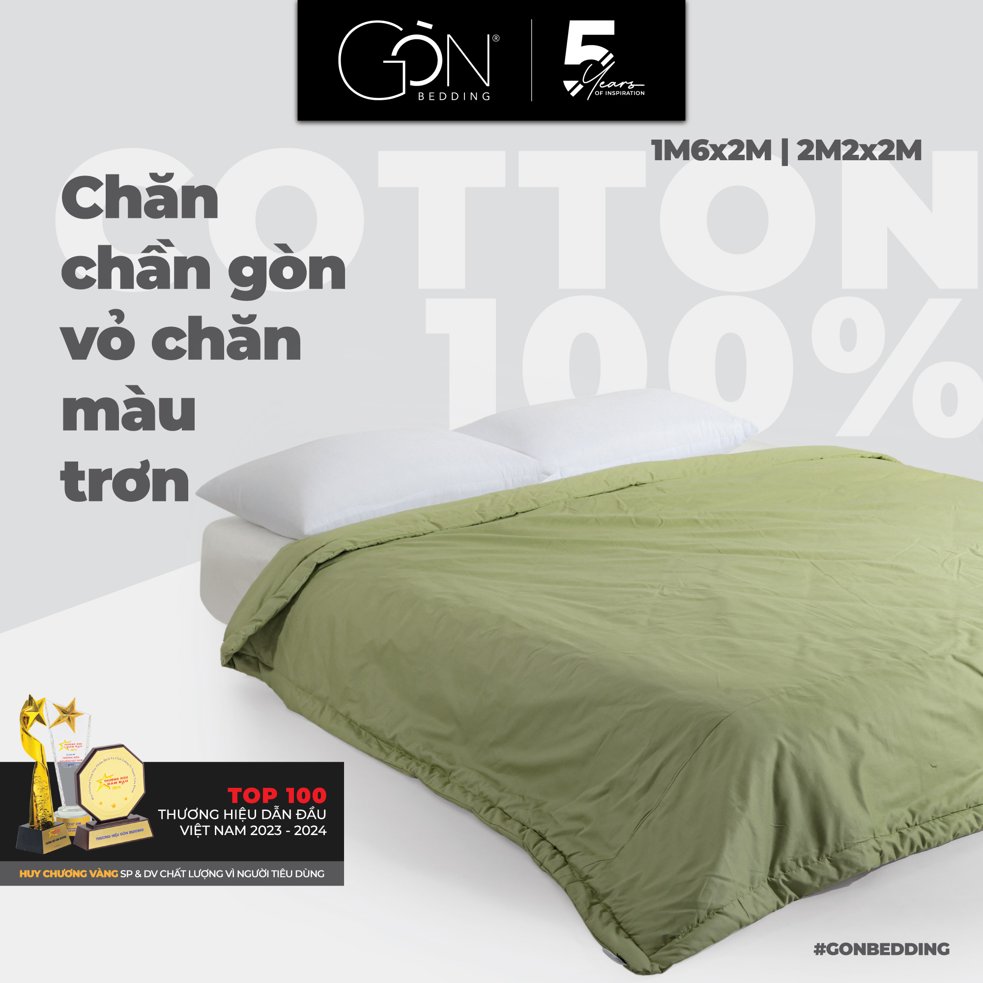 Chăn Chần Gòn Bedding Cotton 100% Hàn Quốc Màu Trơn Kích Thước 2m2x2m
