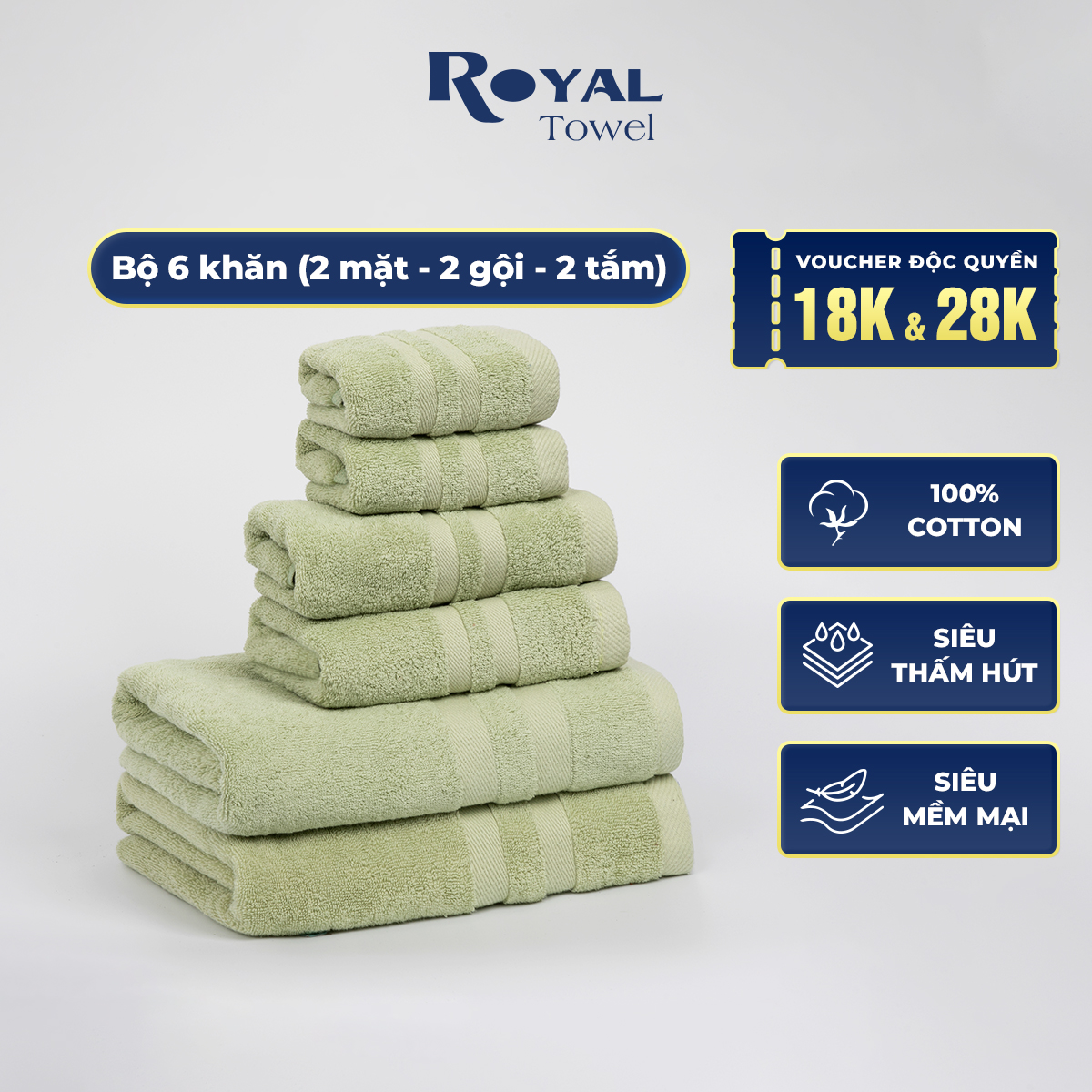 Combo 6 khăn Royal gồm 2 khăn tắm, 2 khăn lau đầu, 2 khăn mặt không đổ lông, không ra màu, mềm và thấm hút