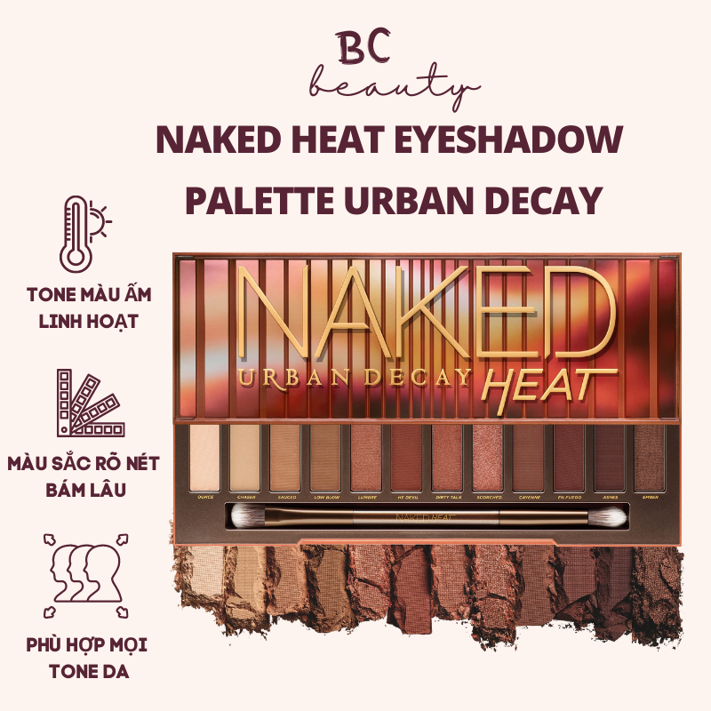 Bảng phấn mắt urban decay naked heat eyeshadow pelette | 12 ô màu lì & nhũ, chất phấn siêu bám, lên màu chuẩn