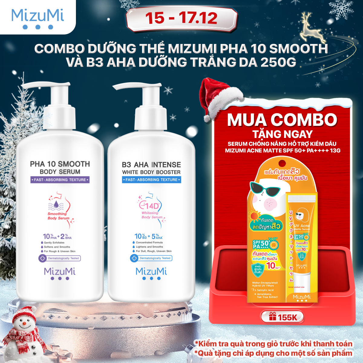 Combo Dưỡng thể Mizumi PHA 10 Smooth 250ml và Dưỡng thể Mizumi B3 AHA Dưỡng Trắng Da Cao Cấp 250g