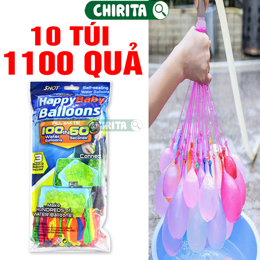  Combo 10 Túi Bong Bóng Nước - Bong Bóng Nước Chùm HAPPY BABY BALLOONS - Gồm 333 Bóng Nước Loại Tốt Đầy Đủ Màu Sắc - Có Sẵn Vòi Bơm 
