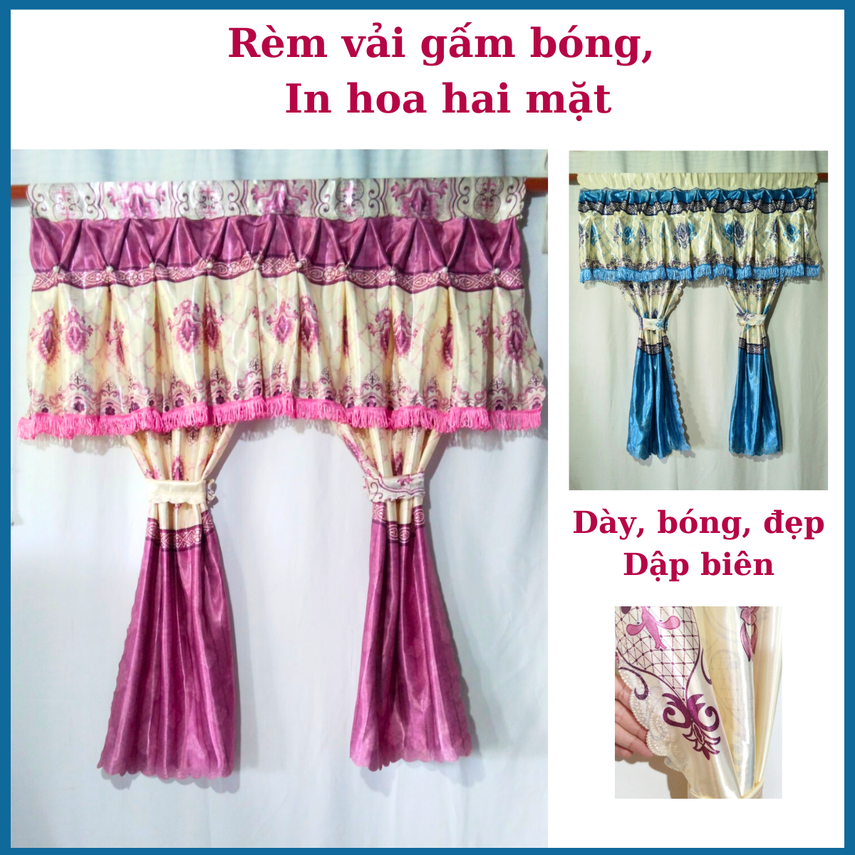 Rèm Cửa Sổ Vải Gấm Bóng In Hoa Hai Mặt Da Hai Lớp Dày Bóng