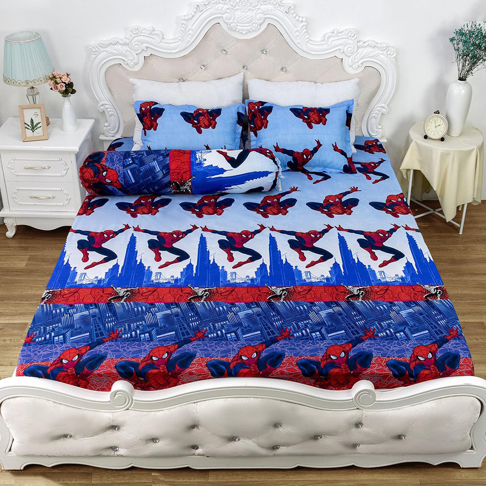 Bộ ga gối 3 món cotton poly màu xanh hình người nhện nhiều kích thước m2/m6/m8/2m2