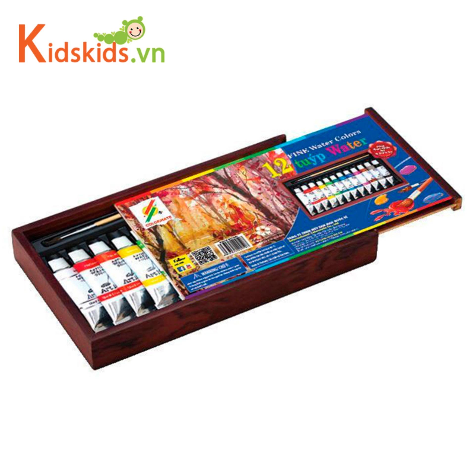 Hộp gỗ 12 tuýp màu vẽ nước Watercolor Colormate
