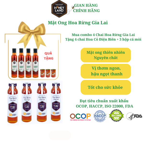 [HCM]HONEYLAND - Combo 4 lọ mật ong hoa rừng Gia Lai 470 g/hũ | TẶNG: 4 chai Mật Ong Hoa Điện Biên 380 g/chai & 5 Hộp Cá mòi Sốt Cà Đóng Hộp KTCFood