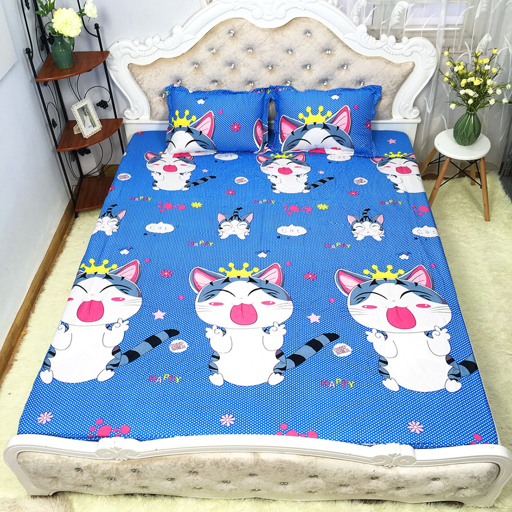 Bộ ga và 2 vỏ gối cotton poly mẫu mèo thần tài