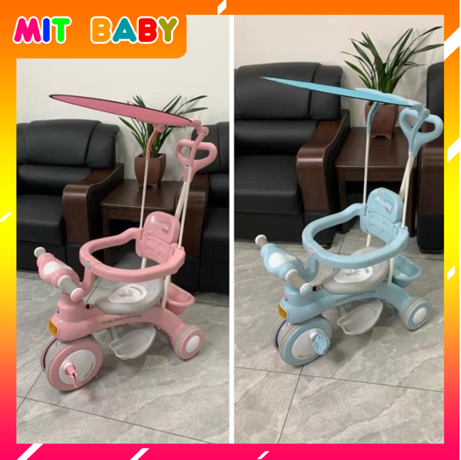 Xe đạp 3 bánh đa năng có đèn, có nhạc, xe 3 bánh có tay đẩy mái che cho bé đến 4 tuổi