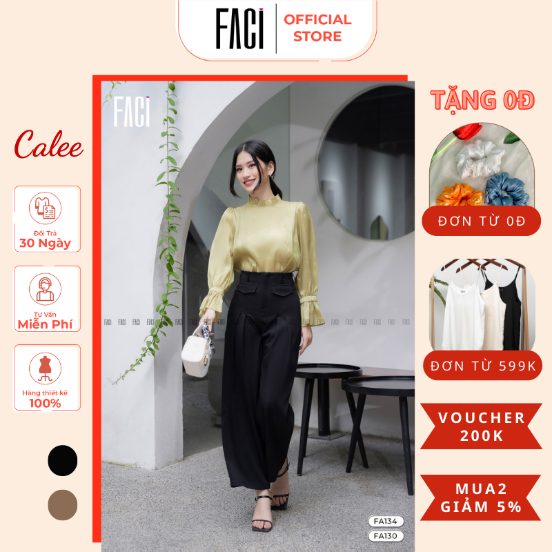 Quần dài ống rộng nữ dáng suông Calee By FACI, xếp li phần thân quần, hai nắp túi tạo điểm nhấn FA131 FA130
