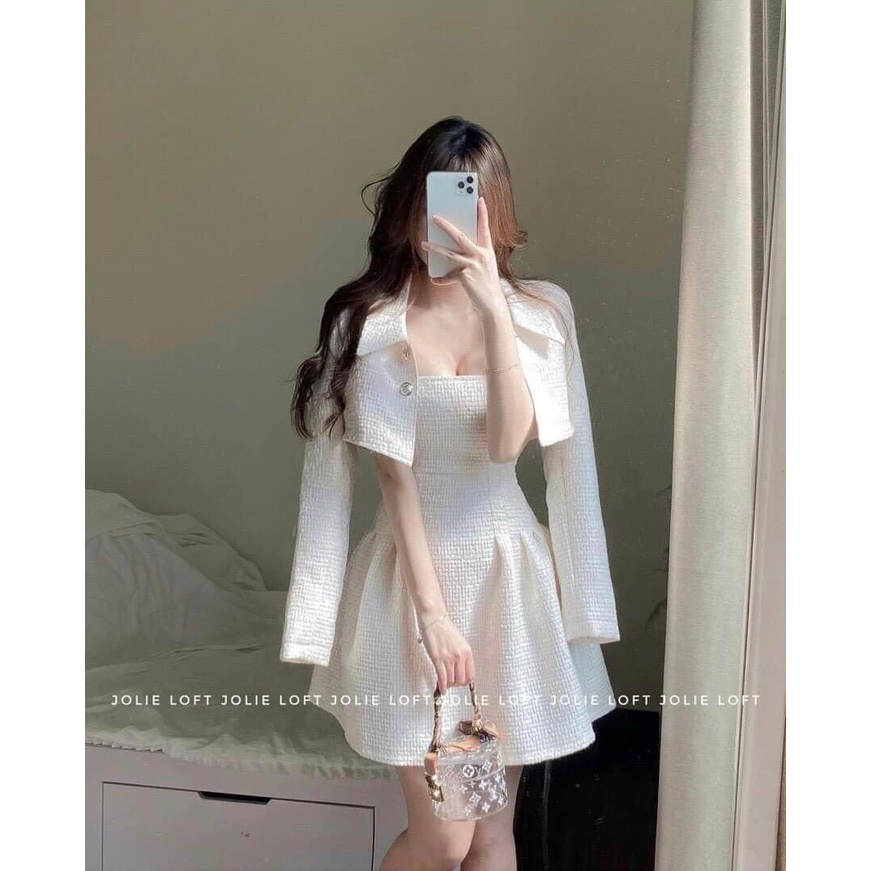 Sét váy hai dây dáng xòe kèm áo khoác croptop chất bố mịn sét vest thanh lịch VIP21