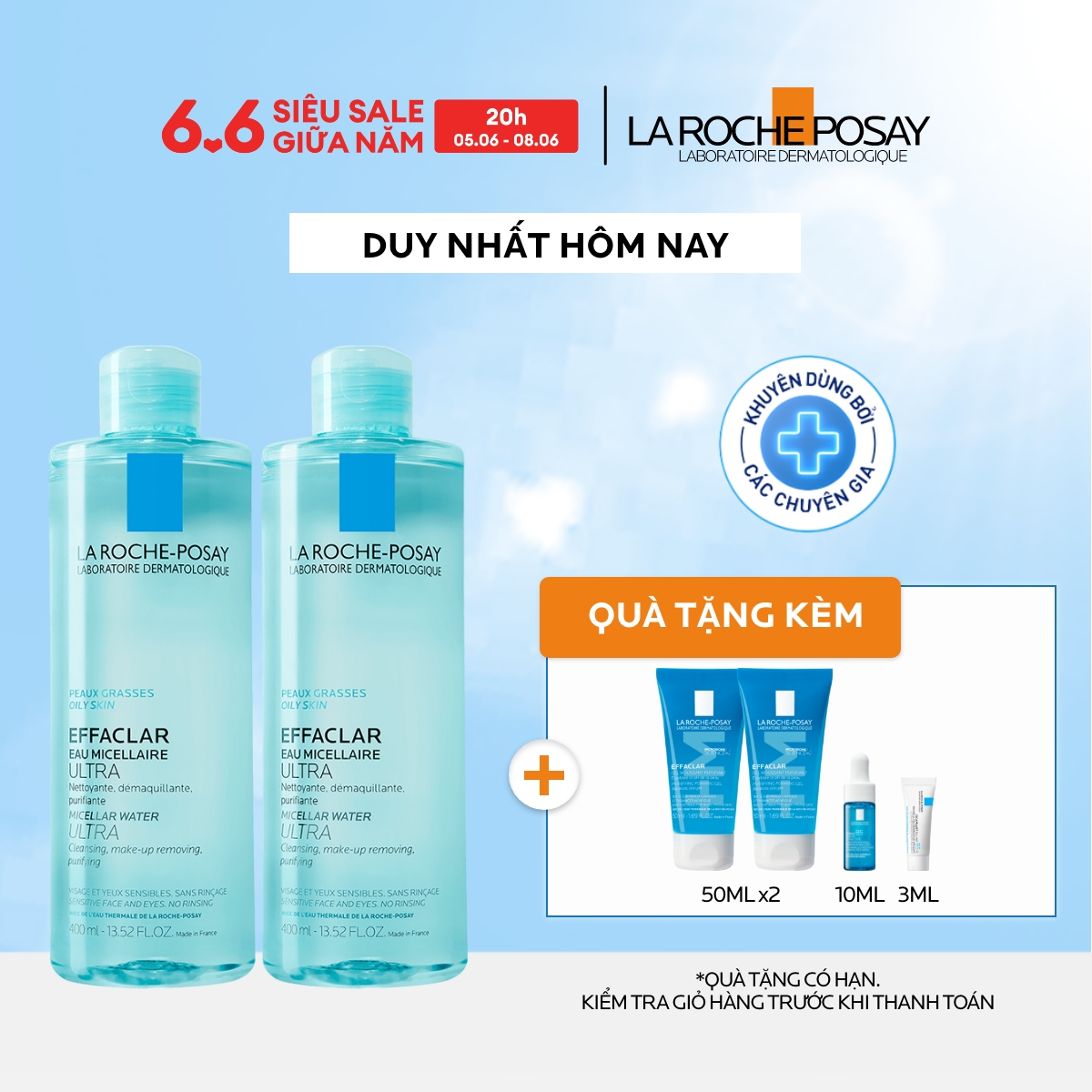 Bộ đôi nước tẩy trang  làm sạch cho da mụn, da dầu nhạy cảm La Roche-Posay Efffaclar Micellar Water 400ml