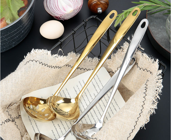 Cặp vá phục vụ, môi lổ 304 tròn tim inox vàng titan cao cấp bóng sáng an toàn chuyên dụng nhà hàng