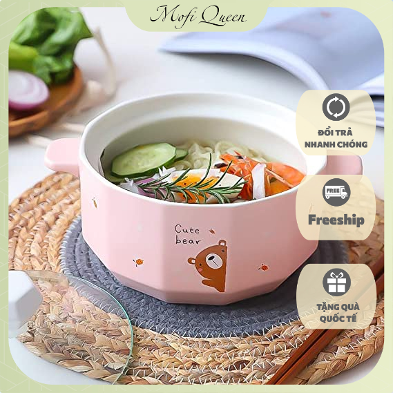 Nồi ăn mì ăn hàn quốc, nồi lẩu mini thiết kế nền hồng nhạt kèm họa tiết hoạt hình siêu đáng yêu