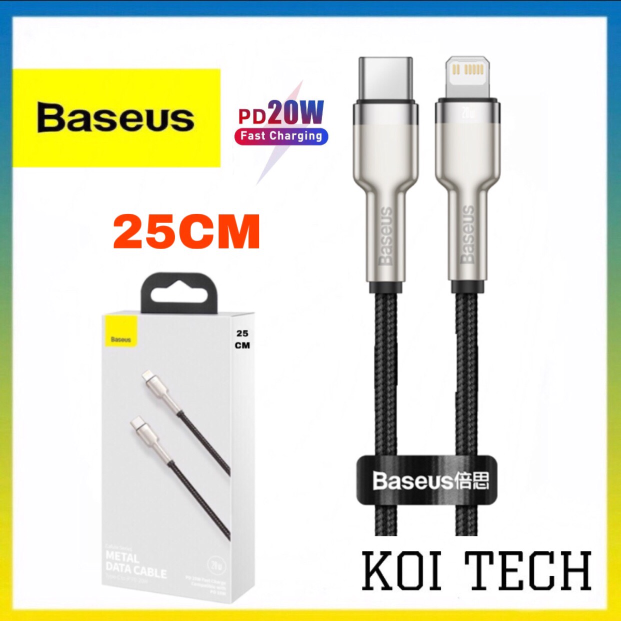 Dây sạc iphone ngắn 25cm dùng cho pin sạc dự phòng Baseus - cáp sạc bọc dù cao cấp cho ip 12 13 - KOI TECH