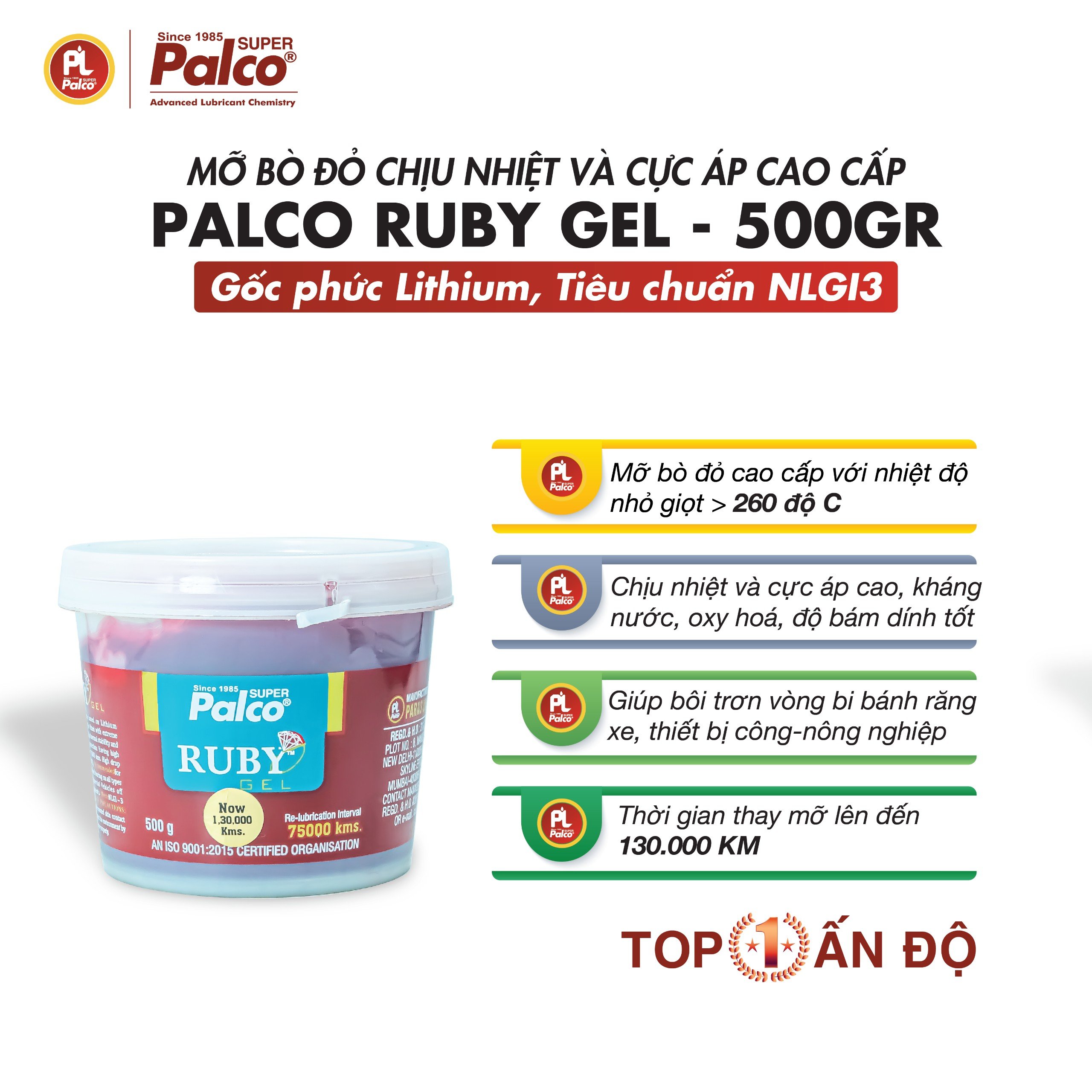 Mỡ bò chịu nhiệt cao cấp, chịu cực áp, kháng nước, bôi trơn 130.000 kms - mỡ bò đỏ palco ruby gel top 1 ấn độ