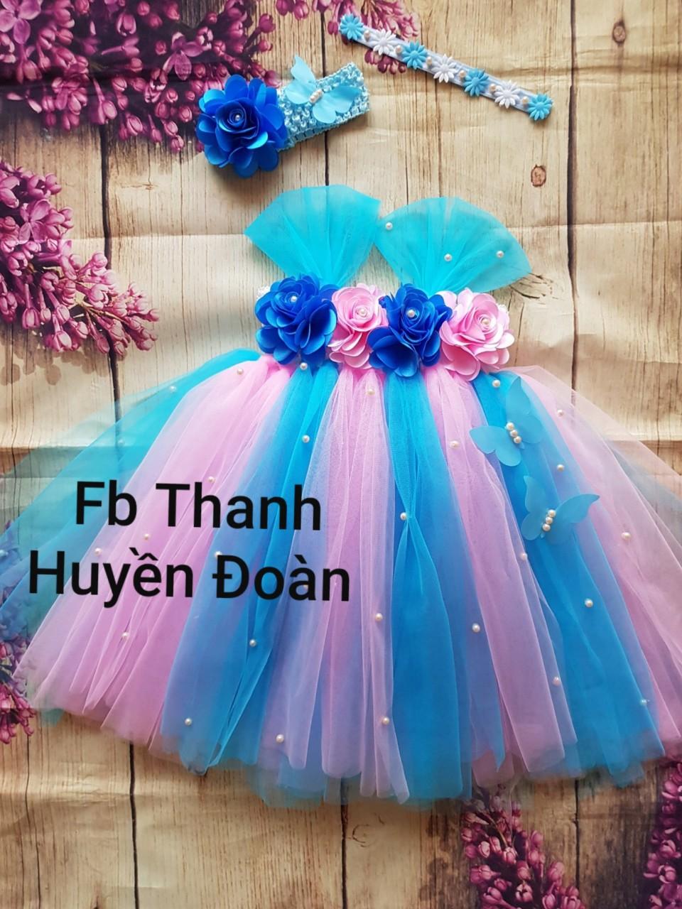 Váy bé gái tutu công chúa vải voan màu hồng xen xanh nước biển - hoa hồng xanh đậm cho bé từ 0 - 10 tuổi