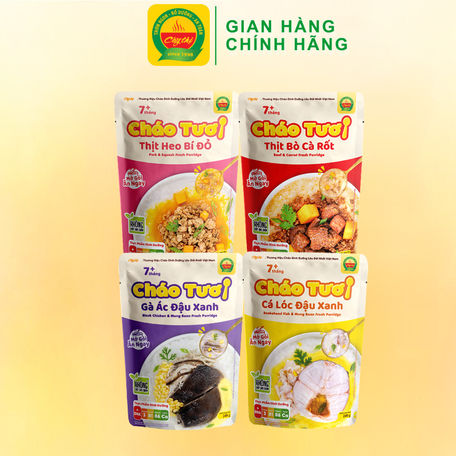 Combo 4 Gói Cháo Tươi Cây Thị: Gà Ác Đậu Xanh, Cá Lóc, Thịt Bò, Thịt Heo