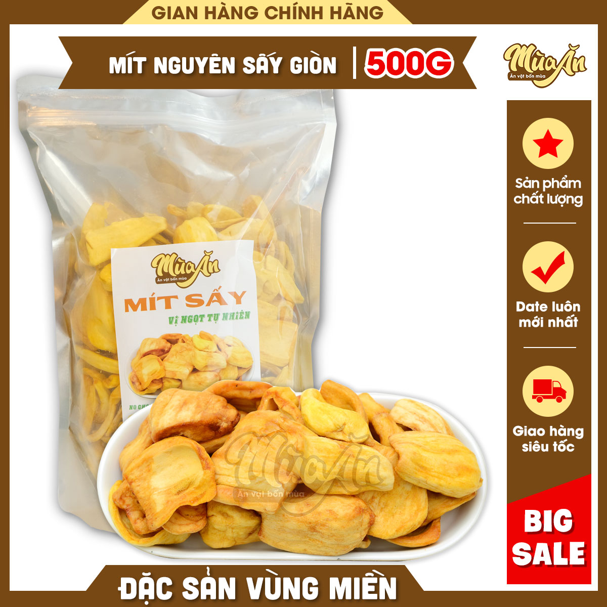 Mít sấy giòn nguyên miếng to, mít sấy Việt Nam giòn ngon túi zip 500g
