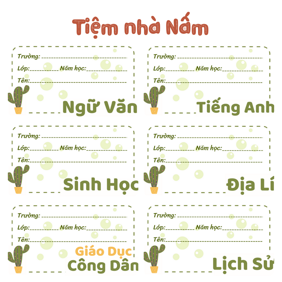 Nhãn Vở Thiết Kế Theo Tên Môn Học, Xương Rồng Xanh Lá nhưng Không Xa Lánh