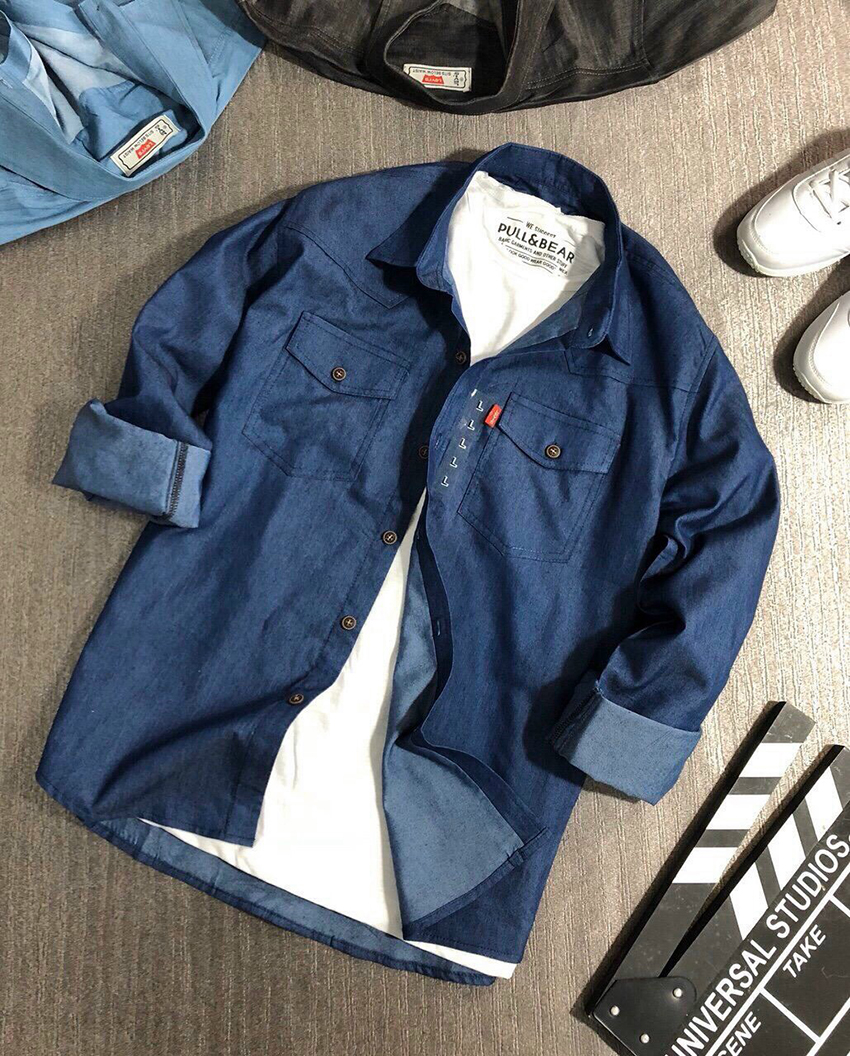 Áo sơ mi nam cao cấp Áo sơ mi jeans phối túi ngực cá tính