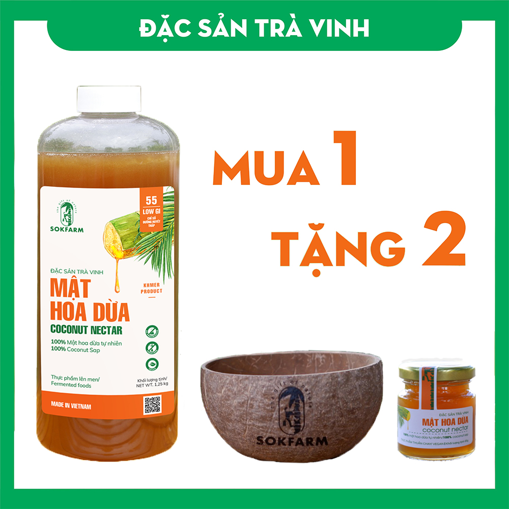 [HCM][MUA 1 TẶNG 2] Mật Hoa Dừa SokFarm 1.25kg - Đặc Sản Trà Vinh -  Giàu khoáng chất - Thay thế cho mật ong + Tặng 1 chén gáo dừa Sokfarm + Tặng 1 chai mật hoa dừa Sokfarm 65g