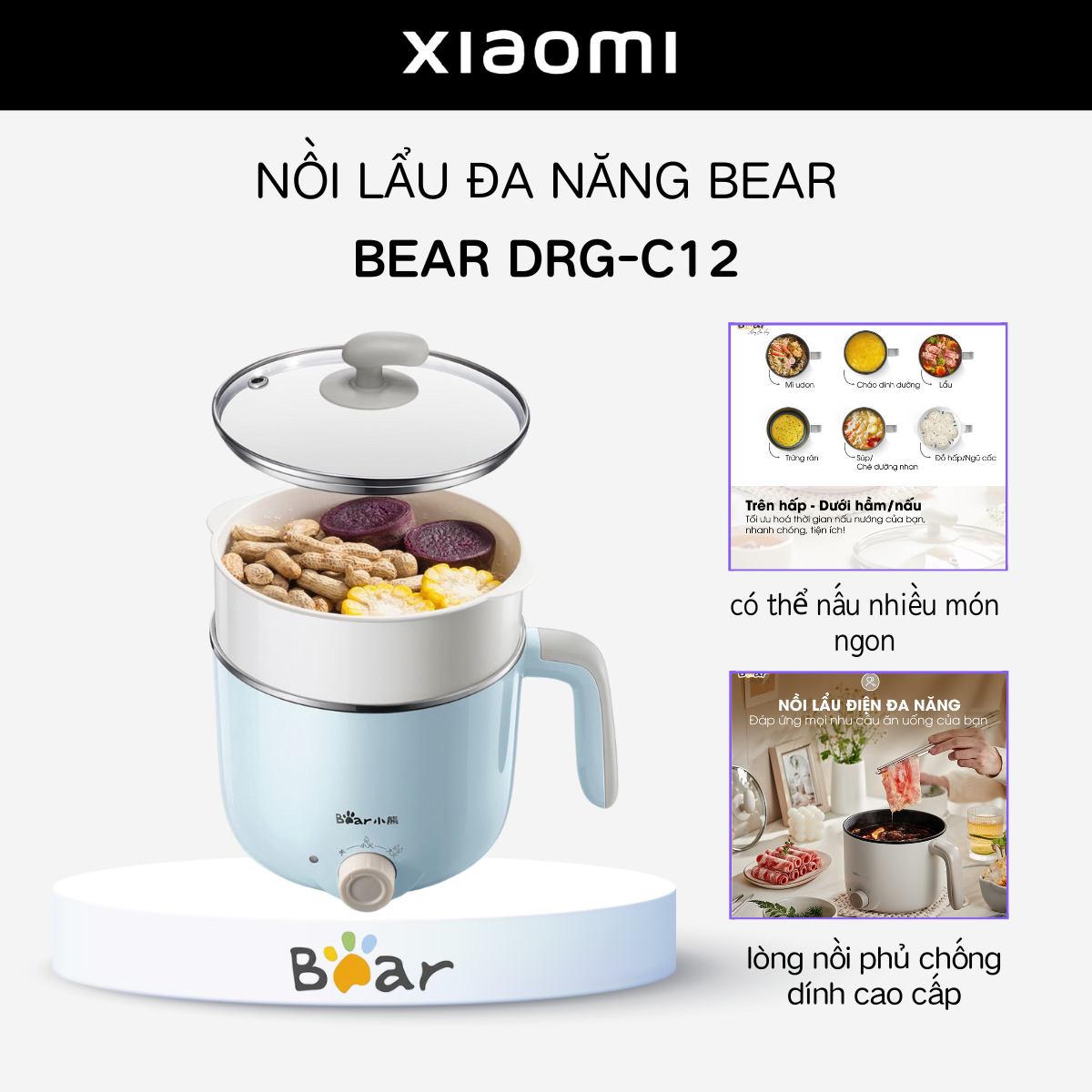 Nồi lẩu mini bear c12k1 đa năng ca nấu mì, hấp, luộc, xào 2 tầng phù hợp một người, sinh viên-bear