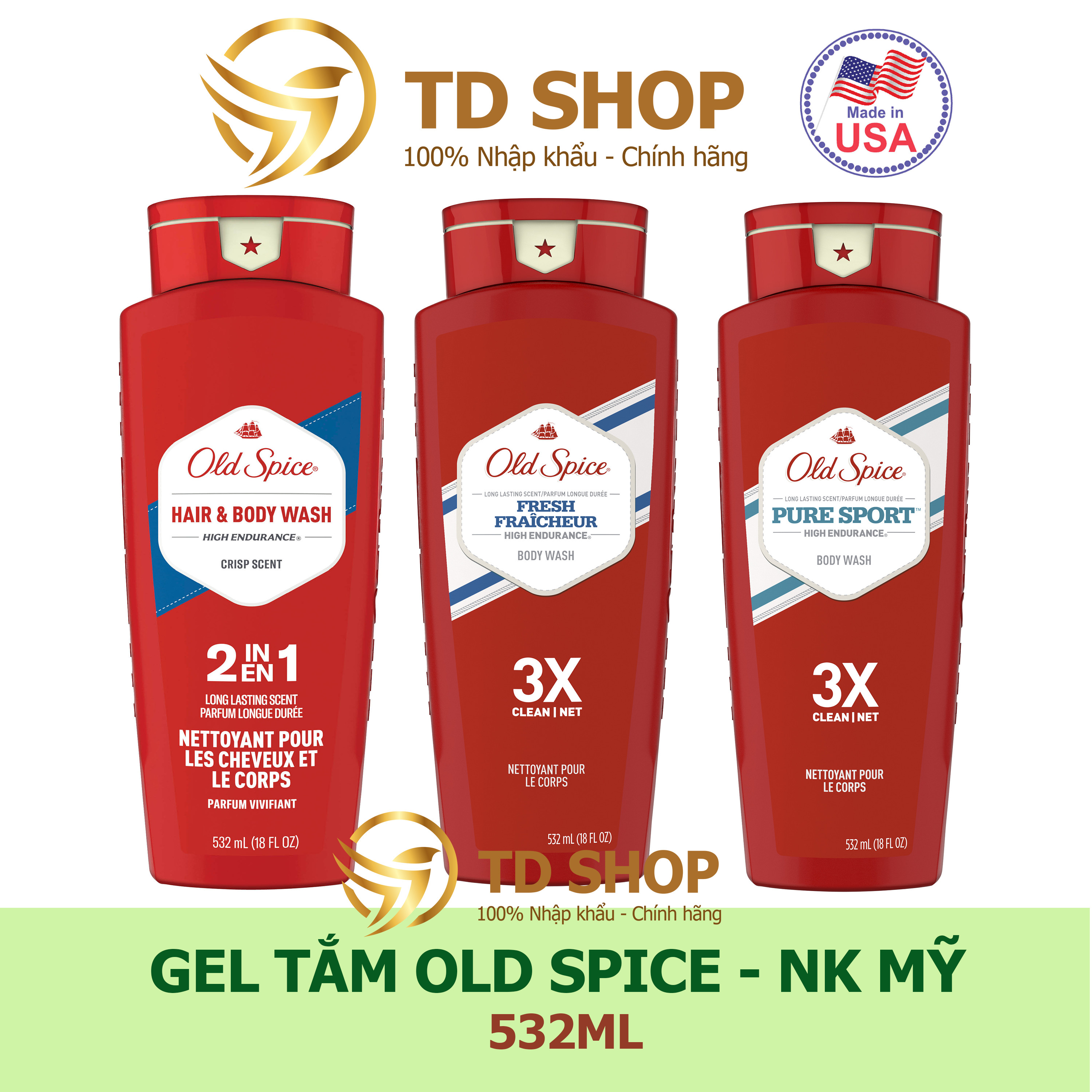 Sữa tắm Old Spice 532ml 2in1 I Fresh I PureSport - TD Shop