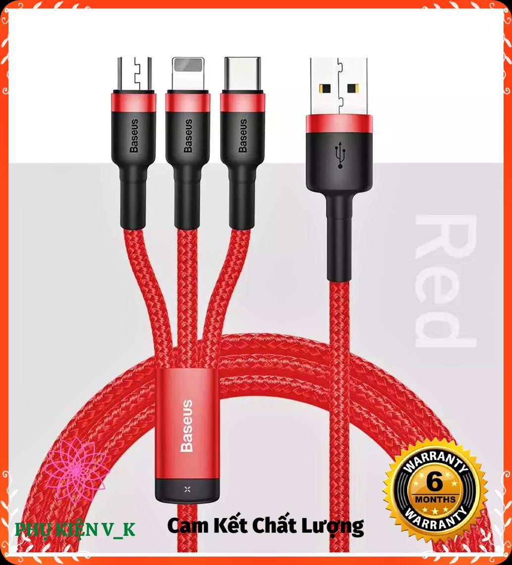 Cáp sạc 3 đầu Basesus Kevlar 3 trong 1 Cáp sạc đa năng sạc nhanh đầu USB Type C cho Samsung S9 S10 Xiaomi - đầu Micro USB cho hầu hết điện thoại