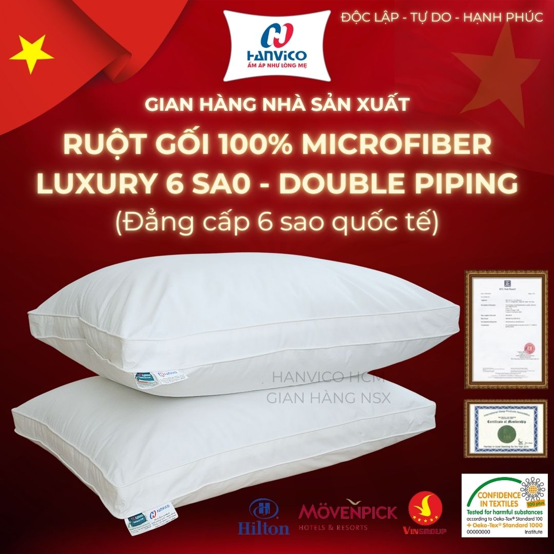 [HANVICO] Ruột Gối Microfiber Lông Vũ LUXURY 6 SAO -  2 Viền Piping PREMIUM Cao Cấp - Gối Chống Xẹp Lún