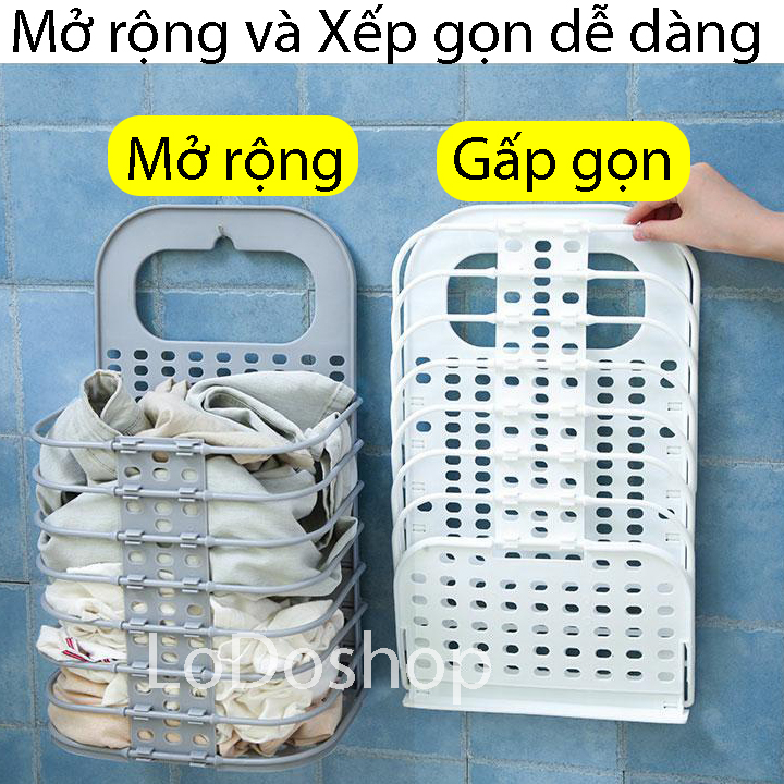 Rổ treo quần áo xếp gọn kèm 2 móc dán tường siêu dính - Rổ đựng quần áo gấp gọn tiện ích dùng cho nhà vệ sinh - Đồ dùng nhà tắm đa năng - Giá treo quần áo cho phòng ngủ gia đình - Giỏ đi chợ đi siêu thị