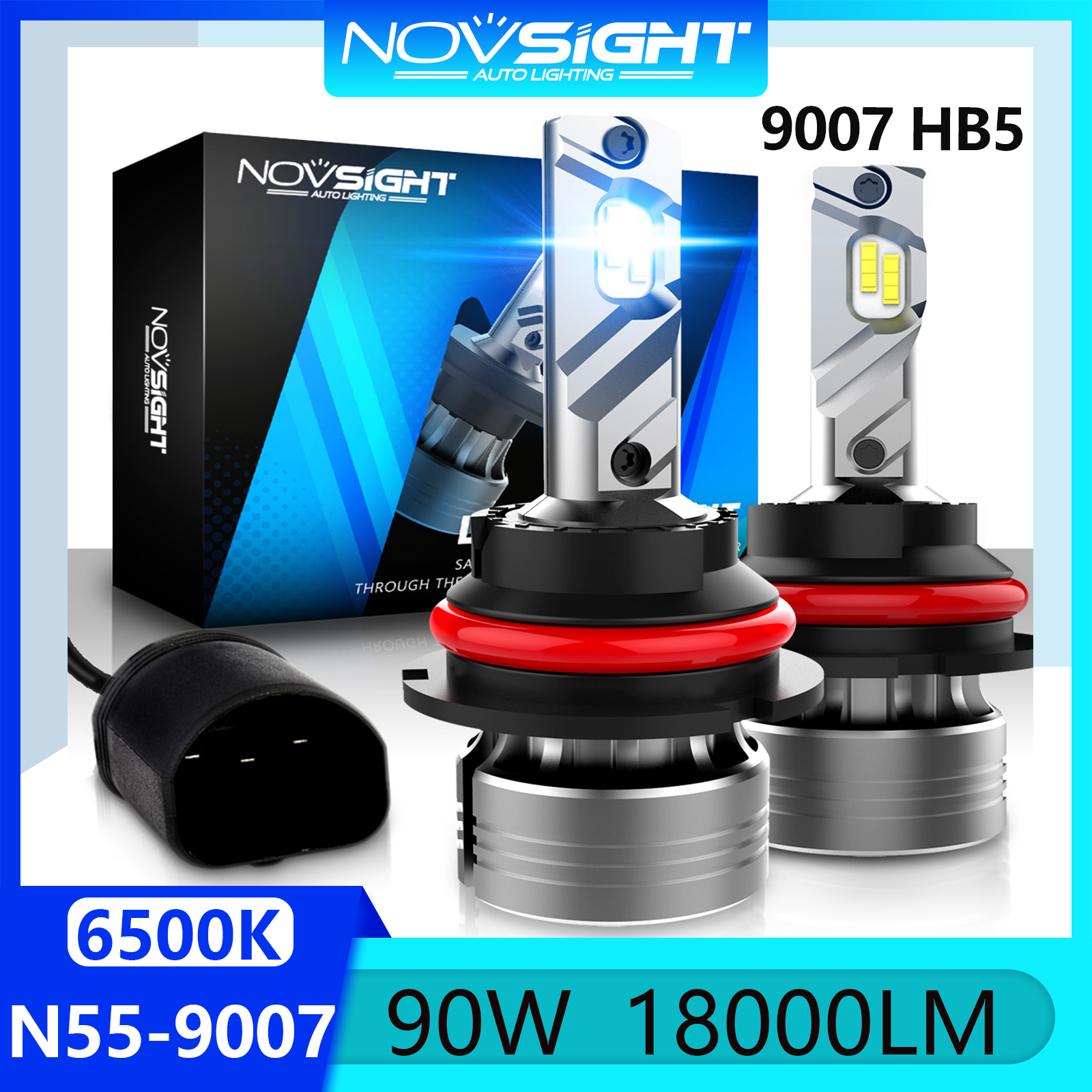 Novsight N55 HB5 9007 Led Headlight Bulb Kit 6500K Super Bright Led Lights for Car High/Low Beam Fog Light 60W 10000LM Plug&Play Ready Stock 1 Pair 2 PCS 1 Year Warranty Free Shipping Giá 708,960 Đồng*Miễn phí vận chuyển