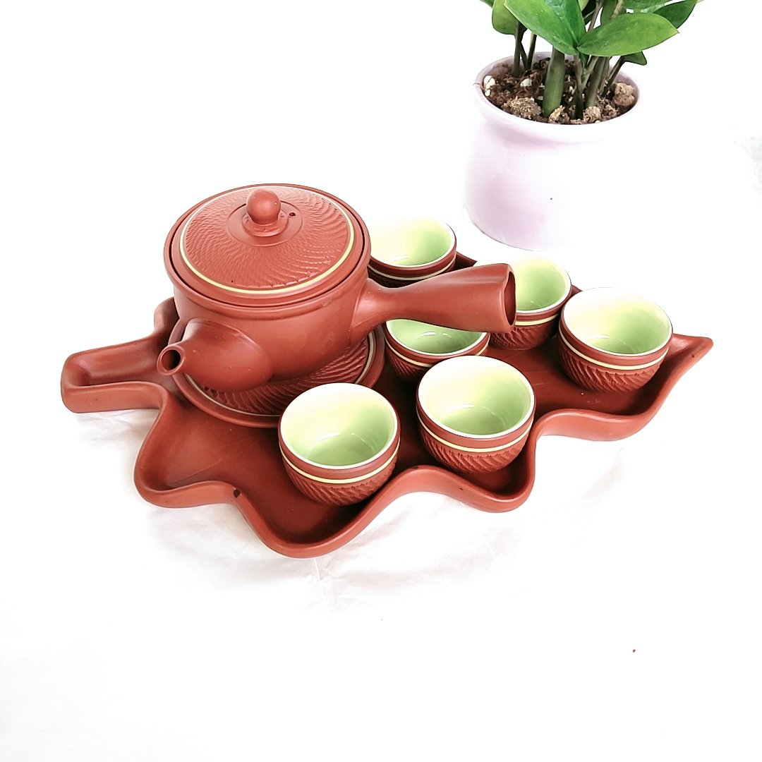 Trà đạo - Bộ ấm chén tử sa có tay cầm ngang khay hình lá độc đáo - Dung tích 300 ml