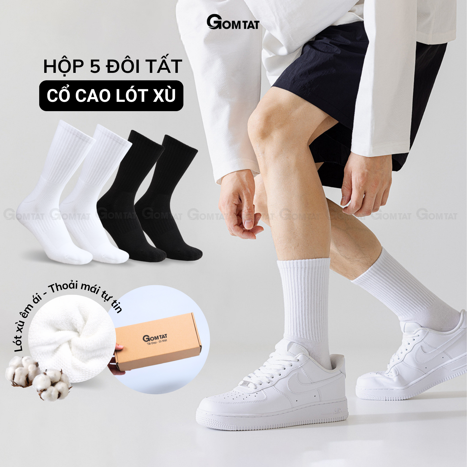  Hộp 5 đôi tất xù GOMTAT cổ cao trơn nam nữ vớ cao cổ có đệm xù cotton êm chân - TATXU-TRON-CB5 