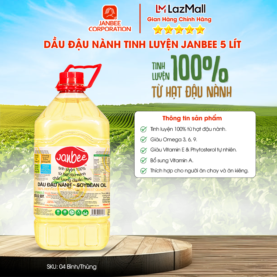 Dầu Đậu Nành Janbee 5L – Nguyên Chất 100%, Không Trans Fat, Tốt Cho Tim Mạch