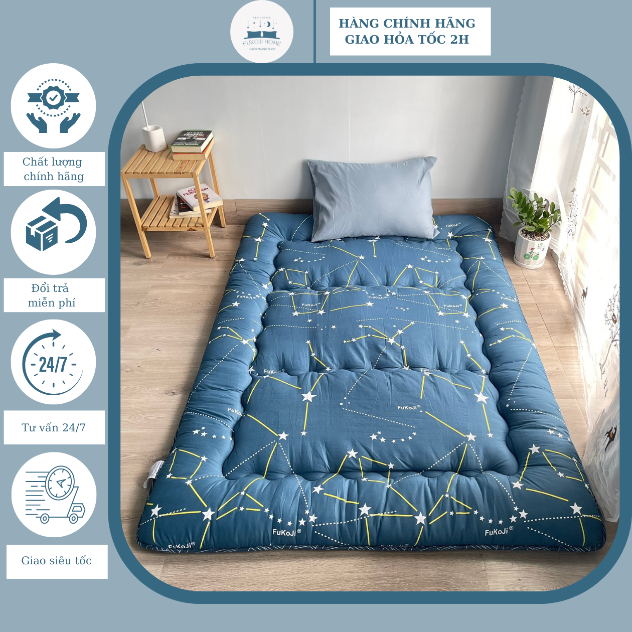 Nệm Topper Trải Sàn Nhật Bản Fukoji, Đệm Ngủ Xuất Nhật Gấp Gọn Đa Dạng Kích Thước 1mx2m, 1m4x2m, 1m6x2m, 1m8x2m dày 7-9cm