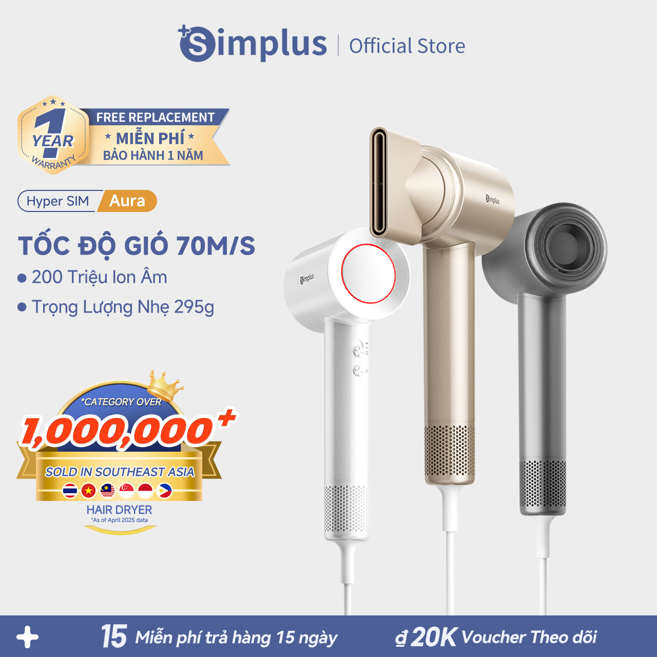 Simplus Máy Sấy Tóc Hyper-SIM Aura 10 Chế Độ Sấy Tốc Độ Gió 70m s Động Cơ Không Chổi Than Tốc Độ Cao 110.000RPM 200 Triệu Ion Âm Độ Ồn Thấp 59dB Trọng Lượng 295g Chế Độ Điều Khiển Nhiệt Độ NTC Chức Năng Tự Làm Sạch CFJH011