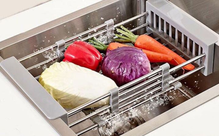 Rổ, khay inox rút gọn đa năng để chậu rửa chén