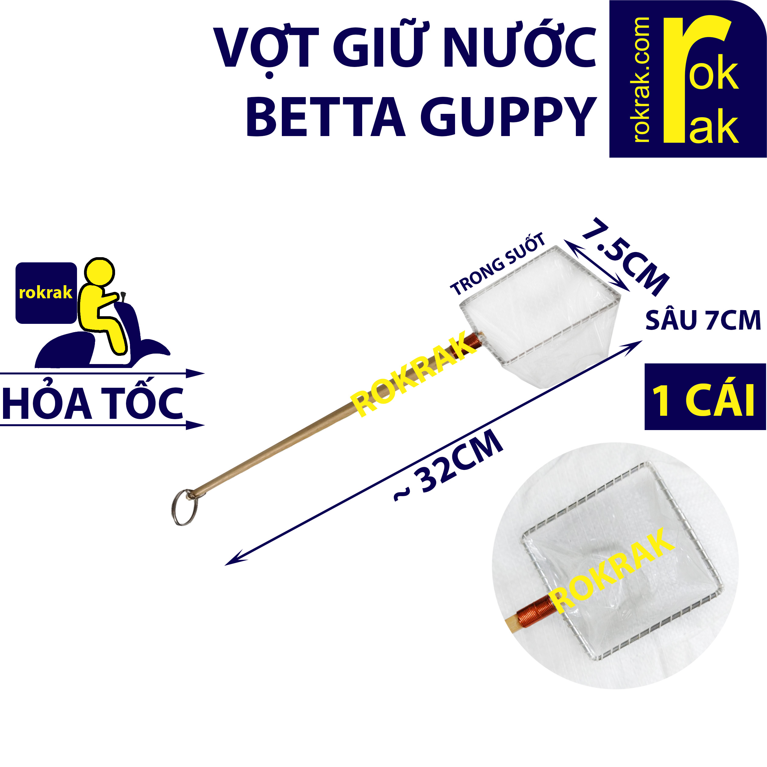 Vợt cá Betta Guppy (Vợt giữ nước Show cá trong suốt) cán đũa gỗ 32 cm