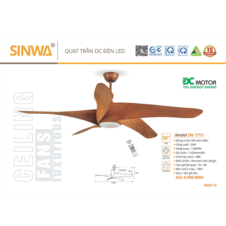 Quạt trần sinwa sw1717 đèn led 5 cánh