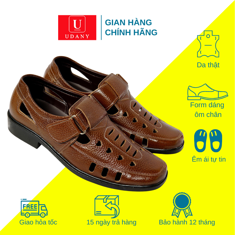 Giày Rọ Nam Udany Giày Nam Da Bò Lỗ Thoáng Khí Đi Mùa Hè Cực Mát Chống Hôi Chân Giày Rọ Quai Dán Dễ Dàng Sử Dụng - GR Tim