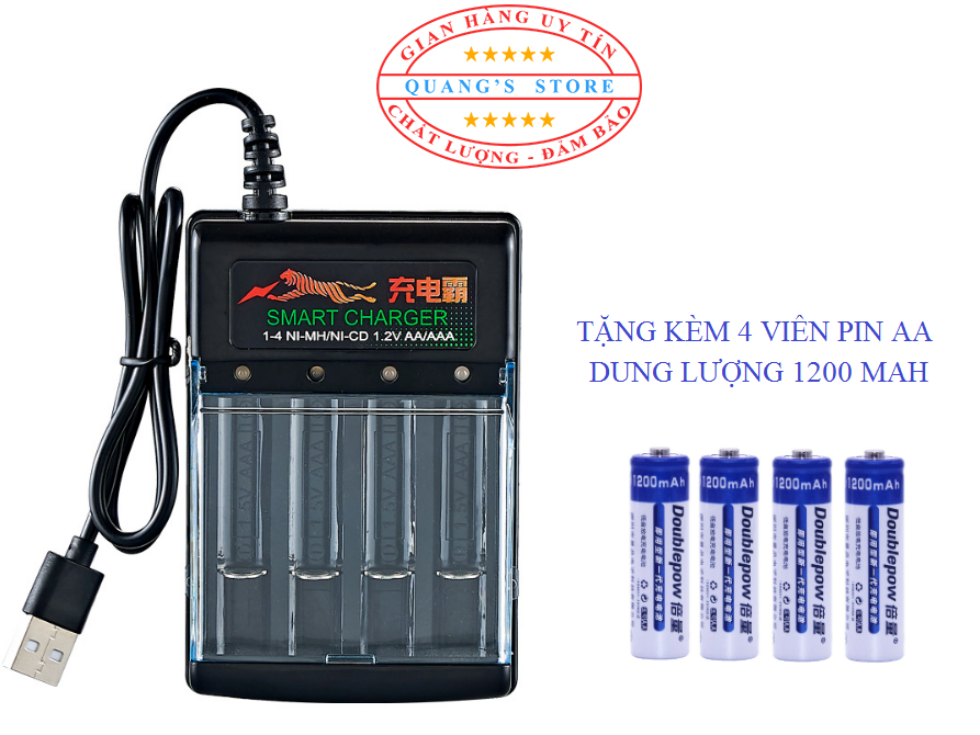 Sạc Pin BMAX Cao Cấp 4 Khe Cho Pin Tiểu AA và Pin Đũa AAA Có Đèn Báo và Tự Ngắt Khi Đầy + Kèm 4 Viên Pin Tiểu Sạc AA 1200 mAh Dùng Cho Đồ Chơi, Mic Hát Không Dây, Máy Ảnh, Đồng Hồ Treo Tường,...