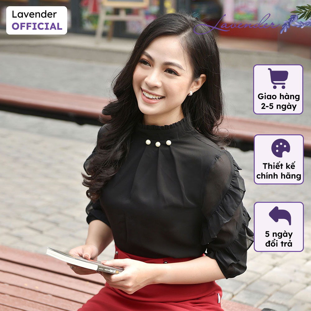 Áo sơ mi công sở nữ đen lavender cổ nhún phối ngọc tay lỡ a093