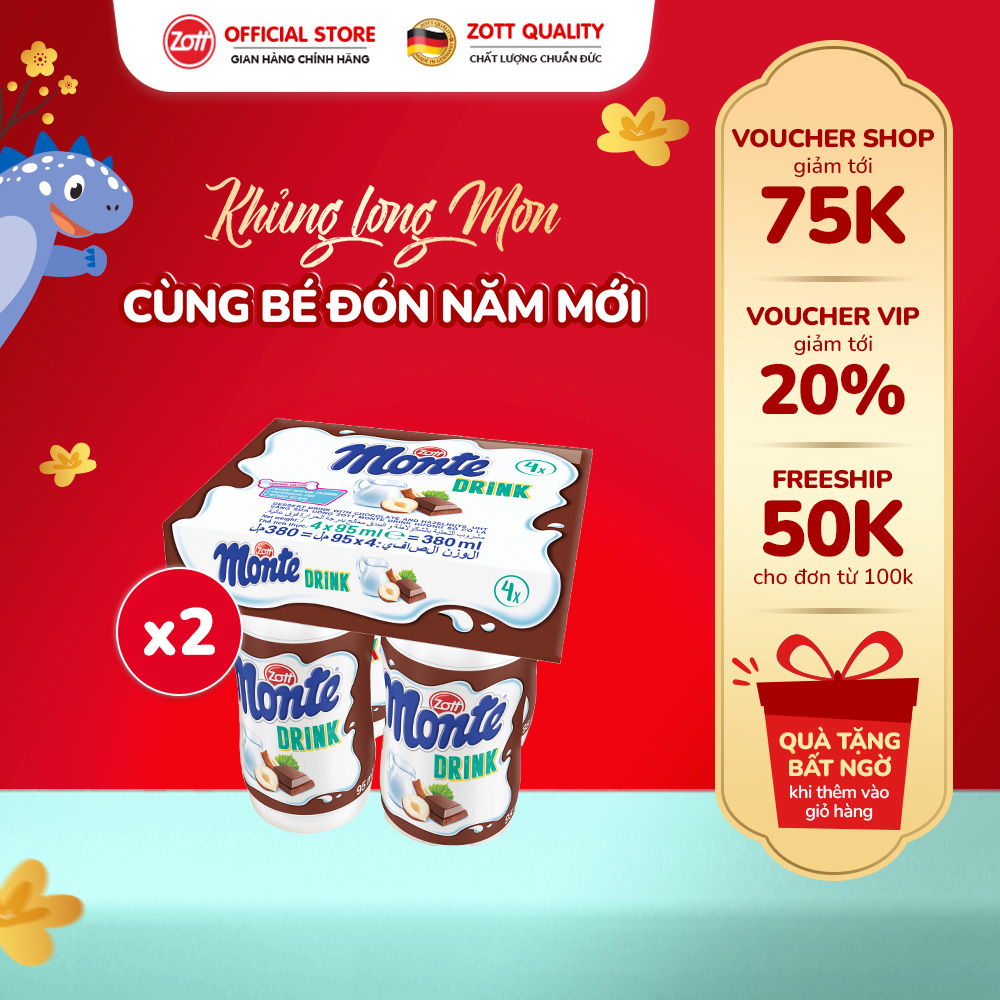 Giao Hoả tốc - COMBO 2 lốc Váng sữa uống Zott Monte Drink vị Socola nhập khẩu (vỉ - 95ml x 4 chai)