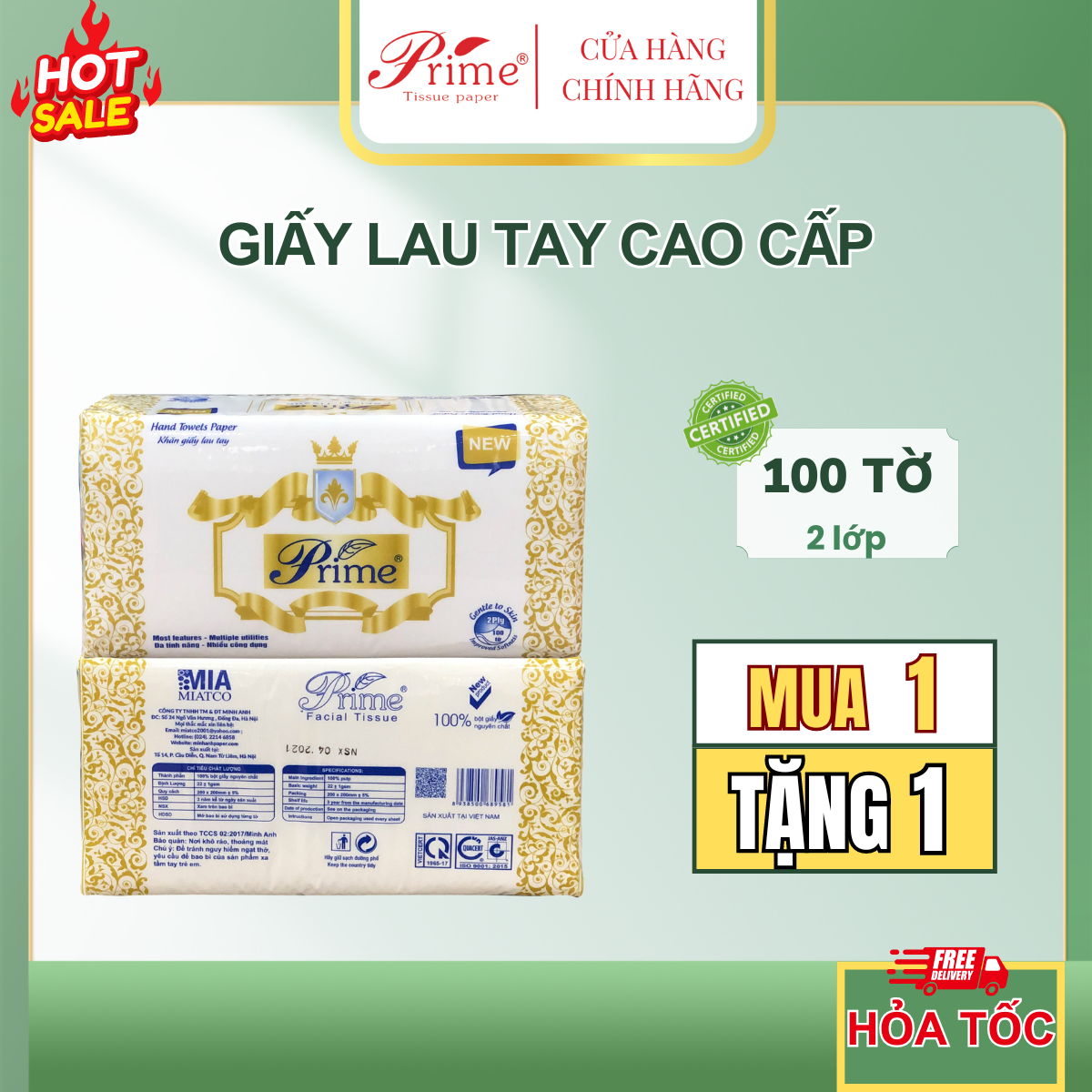 Giấy lau tay prime 100 tờ/gói giấy 2 lớp khổ cm 100% bột nguyên chất || hand towels paper